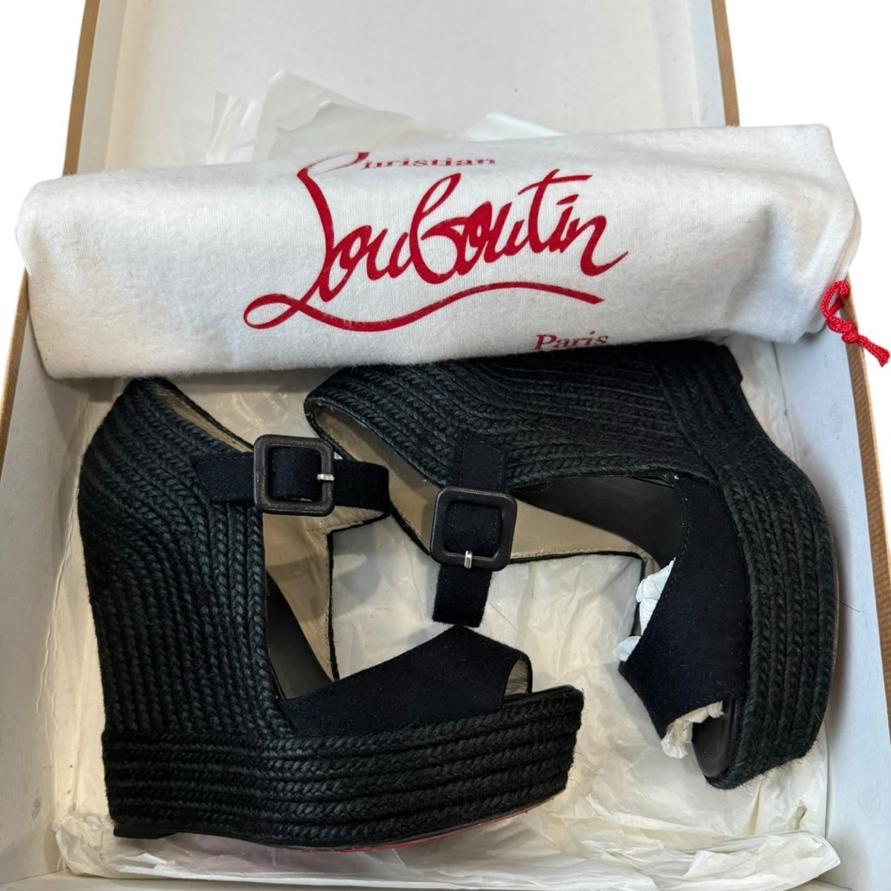 Christian Louboutin Jute Praia Wedge Espadrilles Black Size 35 - Picture 9 of 9